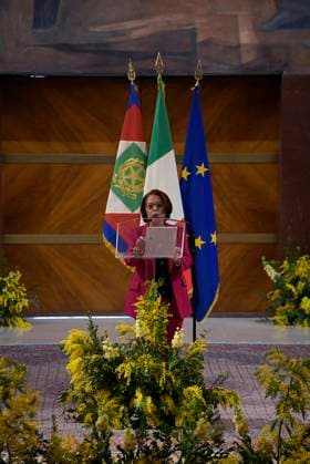 35th year of the Marisa Bellisario Award Rome Italy. 24 February 2023. Lella Golfo, president of the Maria Bellisario Foundation, speaks at the ceremony for the 35th year of the establishment of the Maria Bellissario Prize. The award is given annually to women who have distinguished themselves in the profession, in management, in science, in the economy and in Italian and international social life. Rome Italy Copyright: xVincenzoxNuzzolesex vnuzzolese_roma_24_02_2023_11