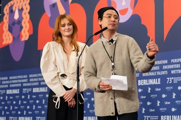 25 02 2023,Berlin,Germany,73 Berlin International Film Festival Director Amr Gamal is awarded the Amnesty Film Prize for his film Al Murhaqoon by Amnesty Jury Members Lea van Acken, Burhan Qurbani and Markus N Beeko.