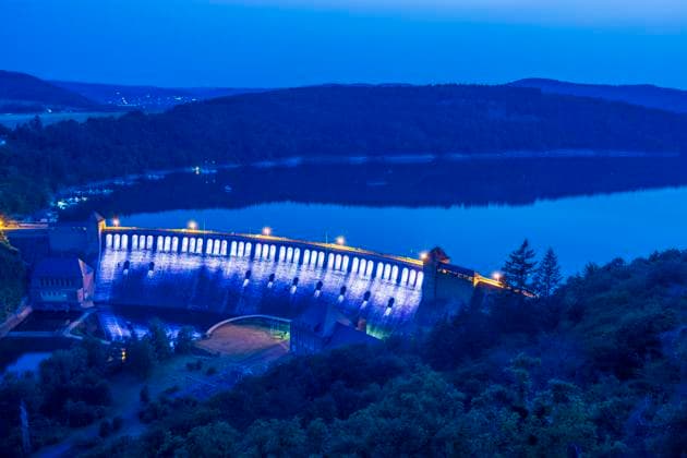 lake reservoir Edersee, colorful lit dam Edertal Hessen, Hesse Germany Nordhessen