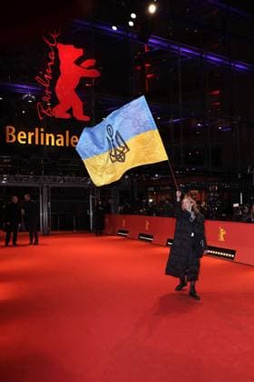 Ukraine solidarity and sympathy expression on the red carpet upon arrival to the closing ceremony at the Berlinale Palace of 73 Berlinale International Film Festival on 25 02 2023 in Berlin Berlinale 2023 closing ceremony Closing Ceremony Night
