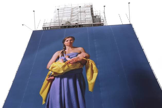 Portrait photos of Ukrainian refugee women by artist Julia Krahn hang in the exhibition St Javelin at the construction site for the reconstruction of the tower of the Garrison Church in Potsdam, 25 February 2023 The exhibition runs until 9 April 2023 Construction Site Garrison Church Potsdam Exhibition St Javelin