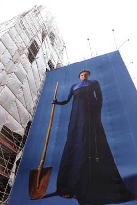 Portrait photos of Ukrainian refugee women by artist Julia Krahn hang in the exhibition St Javelin at the construction site for the reconstruction of the tower of the Garrison Church in Potsdam, 25 February 2023 The exhibition runs until 9 April 2023 Construction Site Garrison Church Potsdam Exhibition St Javelin