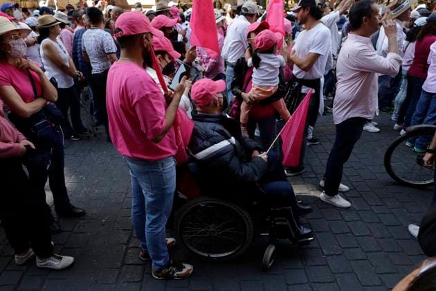 March For Democracy In Mexico In Mexico City, Mexico, on October 4th, 2020, a person in a wheelchair participated in the March for Democracy, INE is not touched , which started from the Angel of Independence and ended in the Zocalo. Several people are demonstrating in rejection of the proposed Electoral Reform presented by the President of Mexico, Andres Manuel Lopez Obrador, which proposes cutting the budget of political parties, electing legislators in a system of electoral lists and that the selection of the electoral councillors of the National Electoral Institute (INE) and the magistrates of the Electoral Tribunal be made by direct vote of the citizens. Mexico City Mexico  Copyright: xGerardoxVieyrax originalFilename: vieyra-notitle230226_npelW.jpg