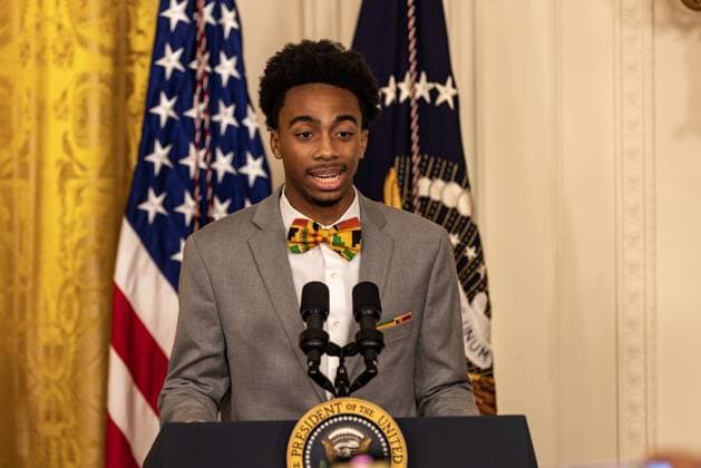 DuWayne Portis Jr. a high school student from Chicago delivers remarks at reception celebrating Black History month with President Joe Biden and Vice President Kamala Harris in the East Room with of the White House in Washington, D.C. on Monday, February 27, 2023.  WAP2023027002 TASOSxKATOPODIS