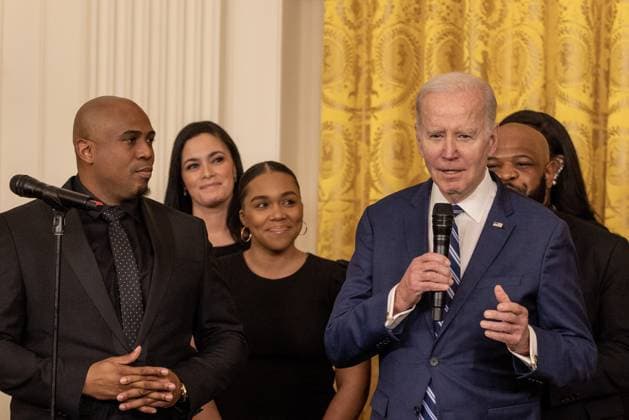 President Joe Biden thanks the singers and guests after he delivered remarks at reception celebrating Black History month in the East Room of the White House in Washington, D.C. on Monday, February 27, 2023.  WAP2023027013 TASOSxKATOPODIS
