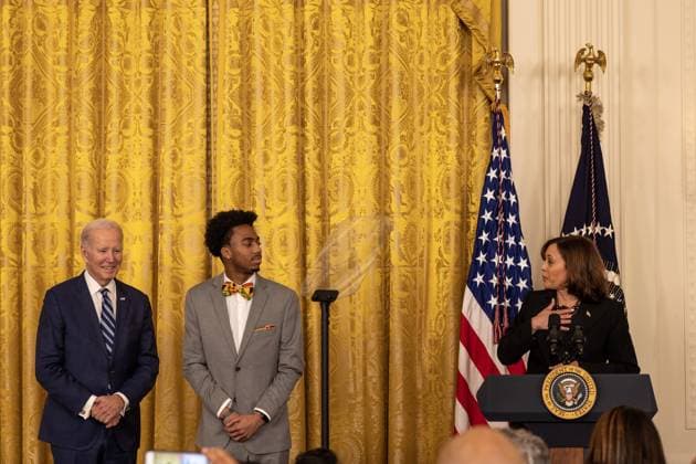 Vice President Kamala Harris delivers remarks at reception celebrating Black History month with President Joe Biden and DuWayne Portis Jr. in the East Room with of the White House in Washington, D.C. on Monday, February 27, 2023.  WAP2023027018 TASOSxKATOPODIS