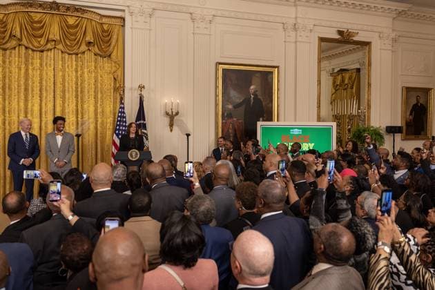 Vice President Kamala Harris delivers remarks at reception celebrating Black History month with President Joe Biden and DuWayne Portis Jr. in the East Room with of the White House in Washington, D.C. on Monday, February 27, 2023.  WAP2023027019 TASOSxKATOPODIS