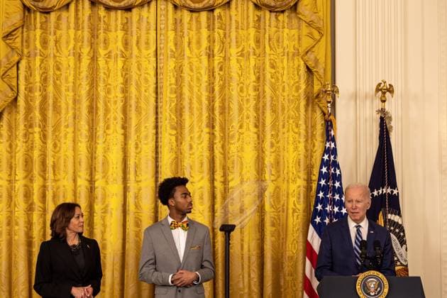 President Joe Biden delivers remarks at reception celebrating Black History month withVice President Kamala Harris and DuWayne Portis Jr. in the East Room with of the White House in Washington, D.C. on Monday, February 27, 2023.  WAP2023027020 TASOSxKATOPODIS