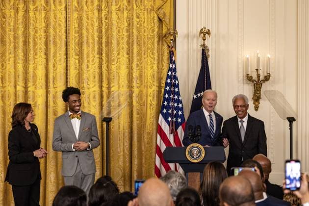 President Joe Biden greets Norman Griffiths as he delivers remarks at reception celebrating Black History month with Vice President Kamala Harris and DuWayne Portis Jr. in the East Room with of the White House in Washington, D.C. on Monday, February 27, 2023.  WAP2023027023 TASOSxKATOPODIS