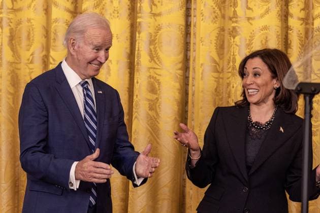 President Joe Biden and Vice President Kamala Harris listen to DuWayne Portis Jr. deliver remarks at reception celebrating Black History month in the East Room of the White House in Washington, D.C. on Monday, February 27, 2023.  WAP2023027004 TASOSxKATOPODIS