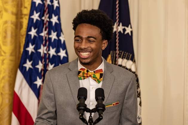 DuWayne Portis Jr. a high school student from Chicago delivers remarks at reception celebrating Black History month with President Joe Biden and Vice President Kamala Harris in the East Room with of the White House in Washington, D.C. on Monday, February 27, 2023.  WAP2023027005 TASOSxKATOPODIS