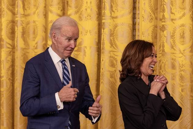 President Joe Biden and Vice President Kamala Harris listen to DuWayne Portis Jr. deliver remarks at reception celebrating Black History month in the East Room of the White House in Washington, D.C. on Monday, February 27, 2023.  WAP2023027006 TASOSxKATOPODIS