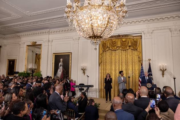 President Joe Biden delivers remarks at reception celebrating Black History month withVice President Kamala Harris and DuWayne Portis Jr. in the East Room with of the White House in Washington, D.C. on Monday, February 27, 2023.  WAP2023027021 TASOSxKATOPODIS