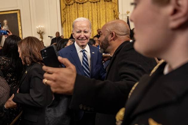 President Joe Biden greets supporters after delivering remarks at reception celebrating Black History month with Vice President Kamala Harris and DuWayne Portis Jr in the East Room with of the White House in Washington, D.C. on Monday, February 27, 2023.  WAP2023027025 TASOSxKATOPODIS