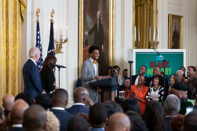 February 27, 2023, Washington, District of Columbia, USA: DuWayne Portis Jr., a high school student from Chicago makes remarks at a reception celebrating Black History Month at The White House in Washington, DC, on February 27, 2023 Washington USA - ZUMAs152 20230227_zaa_s152_030 Copyright: xChrisxKleponisx