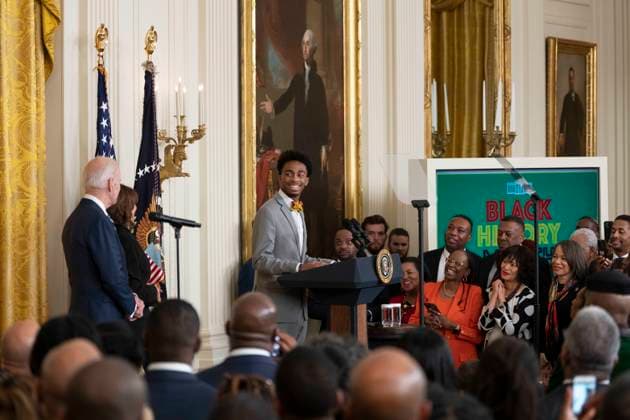 February 27, 2023, Washington, District of Columbia, USA: DuWayne Portis Jr., a high school student from Chicago makes remarks at a reception celebrating Black History Month at The White House in Washington, DC, on February 27, 2023 Washington USA - ZUMAs152 20230227_zaa_s152_032 Copyright: xChrisxKleponisx