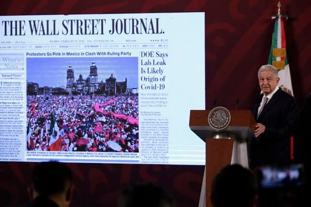 Tesla plant will be installed in Mexico: President of Mexico February 28, 2023, Mexico City, Mexico: The President of Mexico, Andres Manuel Lopez Obrador confirms the installation of the Tesla automotive assembly plant in Mexico, at a press conference at the National Palace in Mexico City. on February 28, 2023 in Mexico City, Mexico (Photo by Luis Barron Eyepix Group). Copyright: xLuisxBarronx xEyepixxGroupx LB20230228_AMLO_TESLA11