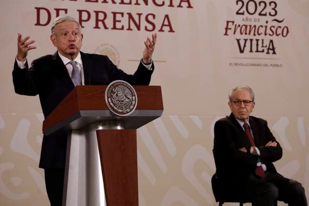 Tesla plant will be installed in Mexico: President of Mexico February 28, 2023, Mexico City, Mexico: The President of Mexico, Andres Manuel Lopez Obrador and the Secretary of Health of Mexico, Jorge Alcocer and the Undersecretary of Health, Hugo Lopez Gatell, at a press conference at the National Palace in the City of Mexico. on February 28, 2023 in Mexico City, Mexico (Photo by Luis Barron Eyepix Group). Copyright: xLuisxBarronx xEyepixxGroupx LB20230228_AMLO_TESLA20