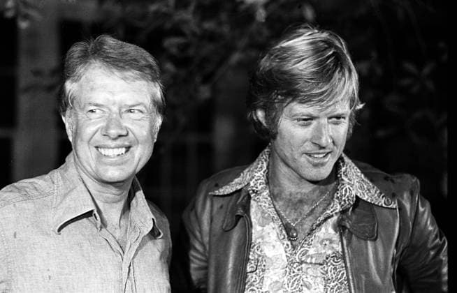 September 5, 1976, Plains, Georgia, USA: Democratic presidential hopeful JIMMY CARTER (L), with actor ROBERT REDFORD after the actor spent the night with the candidate and his family. The 1976 presidential campaign of Jimmy Carter resulted in the election of Jimmy Carter and his running mate Walter Mondale as president and vice president of the United States. Plains USA - ZUMAg47_ 19760905_new_g47_593 Copyright: xArthurxGracex