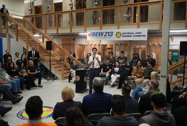 March 1, 2023, PORT COQUITLAM, BC, CANADA: Prime Minister Justin Trudeau responds to a question during a town hall with electrician apprentices at the Electrical Joint Training Committee facility in Port Coquitlam, B.C., on Wednesday, March 1, 2023. PORT COQUITLAM CANADA  - ZUMAc35_ 20230301_zaf_c35_048 Copyright: xDarrylxDyckx