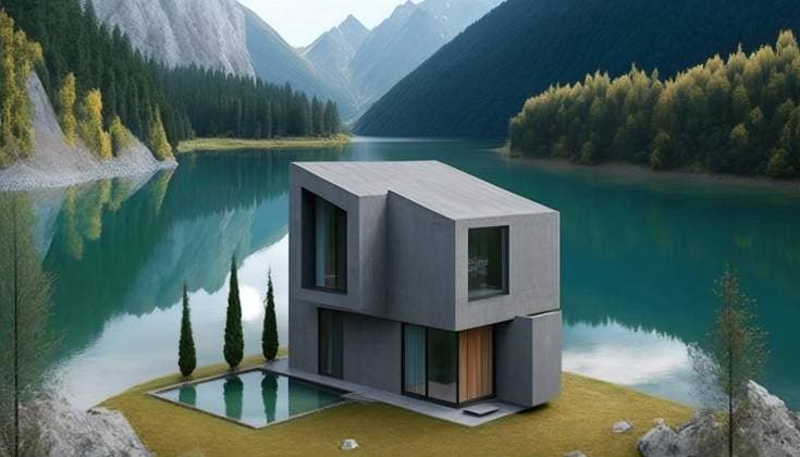 Aerial view of modern house in a beautiful nature scenery besides lake. Generative IA Airtista_ID13096_398633_003 Copyright: xAirtistax Model Released