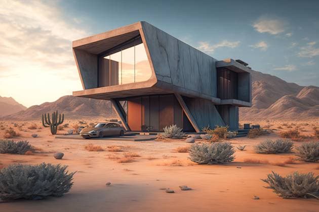Awesome design of modern concrete house in a beautiful desert scenery. Generative IA Airtista_ID13096_398642_012 Copyright: xAirtistax Model Released