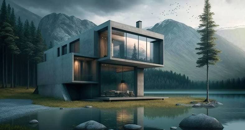 Modern concrete house in forest besides a lake. Generative IA Airtista_ID13096_398674_044 Copyright: xAirtistax Model Released