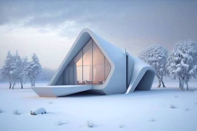 Concrete modern house placed in a snowy landscape. Generative IA Airtista_ID13096_398678_048 Copyright: xAirtistax Model Released