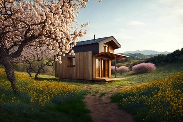 Wooden house in a beautiful landscape full of blossom flowers. Generative IA Airtista_ID13096_398689_059 Copyright: xAirtistax Model Released