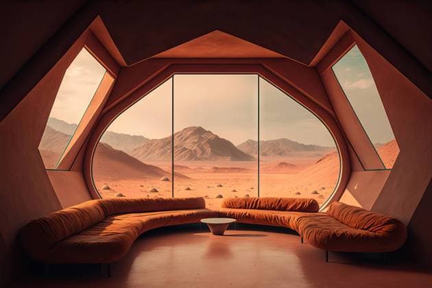 AI GENERATED IMAGE Generative AI illustration of spacious living room interior design with large panoramic windows overlooking sandy Mars planet landscape and leather sofa in space, Property released ManuelRuiz_ID12959_394128_022 Copyright: xManuelxRuizx Model Released