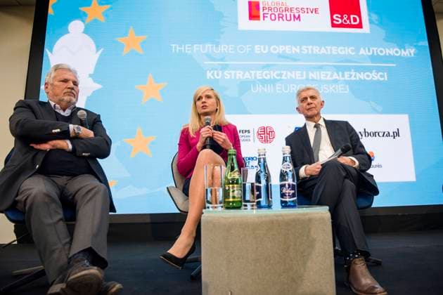 March 3, 2023, Warsaw, Mazowieckie, Poland: Aleksander Kwasniewski, Katarzyna Pisarska and Marek Belka are seen during the S&D debate in Warsaw. In Warsaw under the slogan ˜The Future of EU Strategic Autonomy™ the European Socialists and Democrats (S&D) joined forces with the Foundation for European Progressive Studies (FEPS) to debate on the European Union™s Open Strategic Autonomy. Among the many participants, S&D MEPs Marek Belka (former Prime Minister of Poland) and Katarzyna Pisarska - Founder the European Academy of Diplomacy - attended the debate, with former Polish President Aleksander Kwasniewski as a keynote speaker at the public session, hosted by the Kozminski University, and co-organised by FEPS, Amicus Europae Foundatio - ZUMAs197 20230303_zaa_s197_202 Copyright: xAttilaxHusejnowx