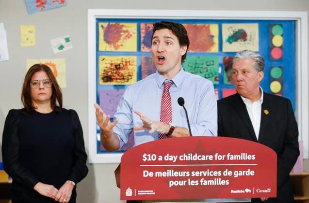 March 3, 2023, WINNIPEG, MANITOBA, CANADA: Manitoba Premier Heather Stefanson and Federal Minister of Northern Affairs, Dan Vandal, listen in as Prime Minister Justin Trudeau speaks at the YMWCA daycare in Winnipeg, Friday, March 3, 2023. Trudeau said Manitoba will achieve an average of $10-a-day child care by April 2, three years ahead of schedule for the Liberal government s target for its national plan. WINNIPEG CANADA - ZUMAc35_ 20230303_zaf_c35_051 Copyright: xJohnxWoodsx