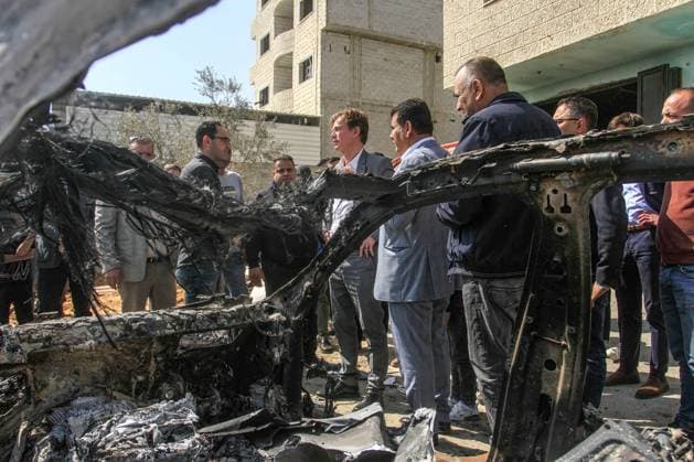 March 3, 2023, Nablus, West Bank, Palestine: Sven Kuhn von Burgsdorff, the European Union representative for the Palestinian Territories, center, survey the damage of a burnt car in the West Bank town of Hawara which was set ablaze by radical Jewish settlers earlier this week . On Monday scores of Israeli settlers went on a violent rampage in the northern West Bank town of Hawara, setting cars and homes on fire after two settlers were killed by a Palestinian gunman. Nablus Palestine - ZUMAs197 20230303_zaa_s197_307 Copyright: xNasserxIshtayehx