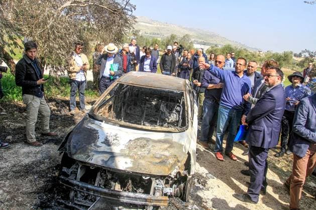 March 3, 2023, Nablus, West Bank, Palestine: Sven Kuhn von Burgsdorff, the European Union representative for the Palestinian Territories, center, survey the damage of a burnt car in the West Bank town of Hawara which was set ablaze by radical Jewish settlers earlier this week . On Monday scores of Israeli settlers went on a violent rampage in the northern West Bank town of Hawara, setting cars and homes on fire after two settlers were killed by a Palestinian gunman. Nablus Palestine - ZUMAs197 20230303_zaa_s197_309 Copyright: xNasserxIshtayehx