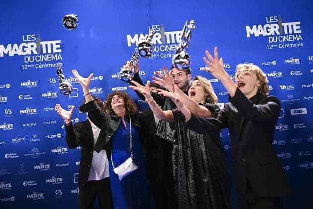 Bilder des Jahres 2023, Entertainment 03 März Entertainment Themen der Woche KW09 Actor Igor Van Dessel, Actor Eve Martin, Actor Gustav De Waele, Actor producer Michiel Dhont, Actress Emilie Dequenne and Actor Eden Dambrine pose with their price at the 12th edition of the Magritte du Cinema film awards ceremony, Saturday 04 March 2023, in Brussels. The awards are rewarded to movies of Belgian French-speaking producers.  LAURIExDIEFFEMBACQ 61571270