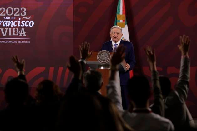 News Bilder des Tages President of Mexico at press conference at the National Palace March 6, 2023, Mexico City, Mexico: Mexican President Andres Manuel Lopez Obrador at the daily morning press conference at the National Palace in Mexico City, Mexico. on March 6, 2023 in Mexico City, Mexico (Photo by Luis Barron Eyepix Group). Copyright: xLuisxBarronx xEyepixxGroupx LB20230306_AMLO11