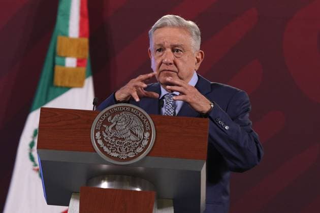 March 2, 2023, Mexico City, Mexico: MexicoÃ¢â‚¬â ¢s President, Andres Manuel Lopez Obrador, gestures during his speech at his Daily briefing conference at National Palace. on March 2, 2023 in Mexico City, Mexico. Mexico City Mexico - ZUMAe321 20230306_zia_e321_112 Copyright: xIsmaelxRosasx