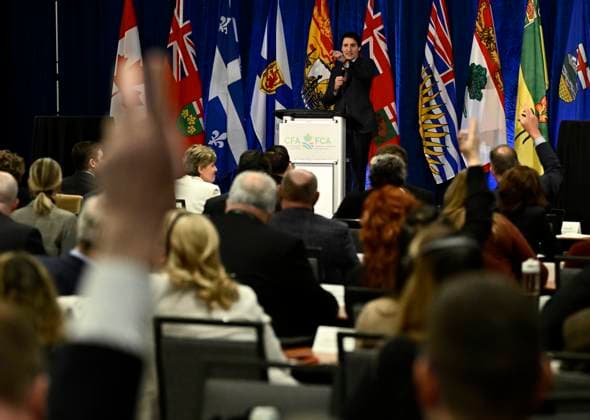 March 6, 2023, Ottawa, ON, CAN: Prime Minister Justin Trudeau takes questions from delegates after making a keynote address at the Canadian Federation of Agriculture Annual General Meeting, in Ottawa, Monday, March 6, 2023. Ottawa CAN  - ZUMAc35_ 20230306_zaf_c35_052 Copyright: xJustinxTangx