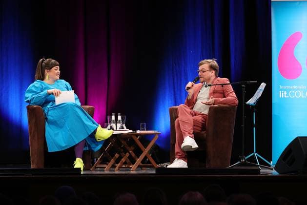 Marie Christine Knop and Nilz Bokelberg on stage at the Literature Festival Lit Cologne on 3 03 2023 at the Volksbuehne am Rudolfplatz in Cologne Literature Festival Lit Cologne 2023 in Cologne
