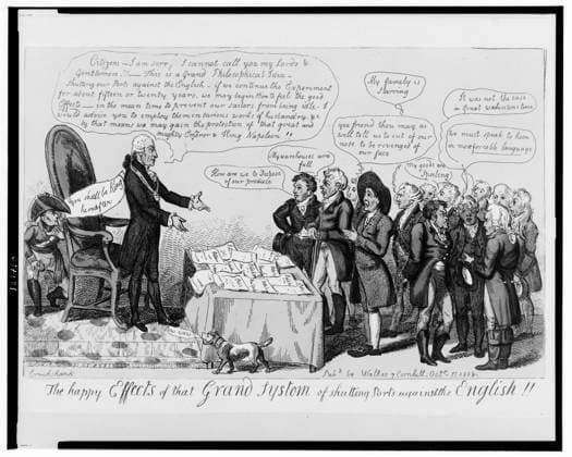 RECORD DATE NOT STATED The happy effects of that grand systom sic of shutting ports against the English!! Cruikshank.. British Cartoon Prints Collection , Catalogue of prints and drawings in the British Museum. Division I, political and personal satires, v. 8, no. 11039. Jefferson, Thomas,1743-1826. , Embargoes,American,Great Britain,1800-1810. Copyright: xpiemagsx cartprienpie02032023-531 !ACHTUNG AUFNAHMEDATUM GESCHÄTZT!