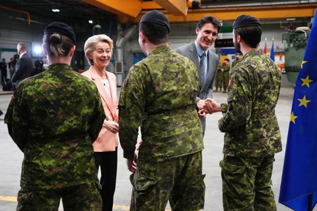 March 7, 2023, Kingston, ON, CANADA: Prime Minister Justin Trudeau and European Commission President Ursula von der Leyen greet Canadian Forces personnel during an event, in Kingston, Ont., Tuesday, March 7, 2023. Kingston CANADA  - ZUMAc35_ 20230307_zaf_c35_008 Copyright: xSeanxKilpatrickx