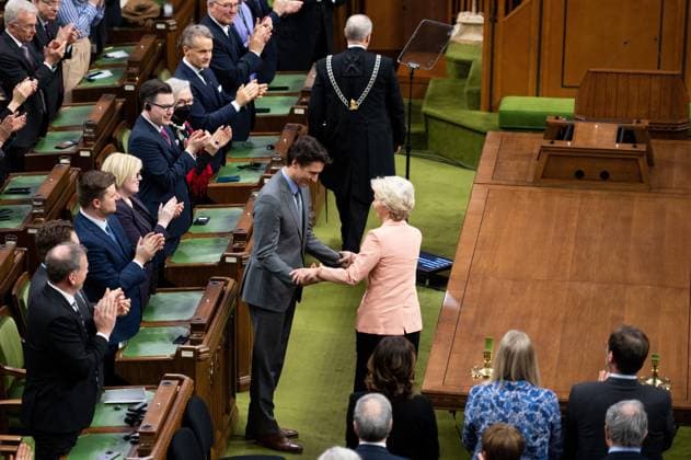 March 7, 2023, Ottawa, ON, Canada: President of the European Commission, Ursula von der Leyen, and Prime Minister Justin Trudeau share a moment in the House of Commons on Parliament Hill in Ottawa, on Tuesday, March 7, 2023. Ottawa Canada  - ZUMAc35_ 20230307_zaf_c35_018 Copyright: xSpencerxColbyx