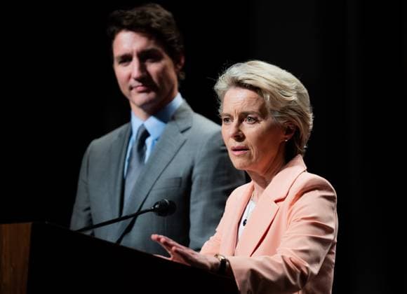 March 7, 2023, Ottawa, ON, Canada: President of the European Commission, Ursula von der Leyen, delivers remarks as Prime Minister Justin Trudeau looks on during a reception at the Canadian War Museum in Ottawa, on Tuesday, March 7, 2023. Ottawa Canada  - ZUMAc35_ 20230307_zaf_c35_047 Copyright: xSpencerxColbyx
