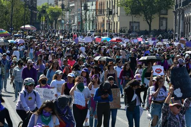 Thousands of women take to the streets to protest 8M in Mexico State March 08 , 2023 Toluca, Mexico : As part of the activities of International Women s Day, mobilizations are taking place all over the country and the capital of the State of Mexico was no exception, therefore, from young girls to elderly women came to the meeting points, gradually filling the streets with purple. on March 08 , 2023 in Toluca, MÃ xico. (Photo by Arturo Hernandez Eyepix Group) Copyright: xArturoxHernandezx xEyepixxGroupx AH_080323_03