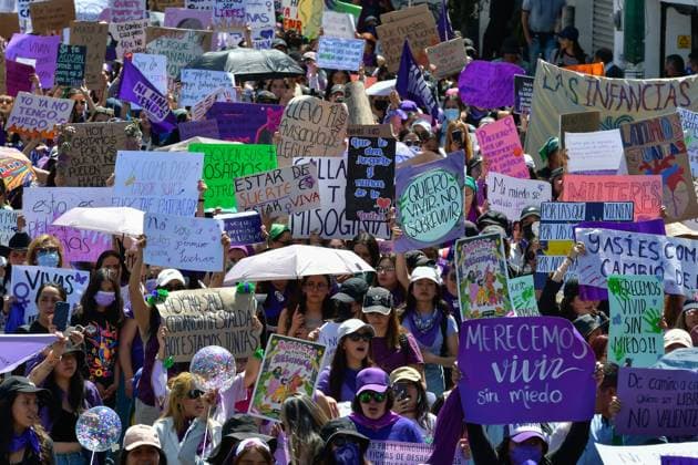 Thousands of women take to the streets to protest 8M in Mexico State March 08 , 2023 Toluca, Mexico : As part of the activities of International Women s Day, mobilizations are taking place all over the country and the capital of the State of Mexico was no exception, therefore, from young girls to elderly women came to the meeting points, gradually filling the streets with purple. on March 08 , 2023 in Toluca, MÃ xico. (Photo by Arturo Hernandez Eyepix Group) Copyright: xArturoxHernandezx xEyepixxGroupx AH_080323_17