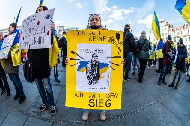 March 11, 2023, Munich, Bavaria, Germany: A drawing of soldier Oleksandr Matsjevsky who became a symbol of Ukrainian resistance by saying Slava Ukraini before he was shot to death by Russians. As Russia pounds cities across Ukraine with waves of hypersonic missiles, Ukrainians and Germans in Munich, Germany made demands for peace and the immediate withdrawal of Russia from Ukrainian territory. The participants also thanked Germany and the alliance for the support for Ukrainian refugees, humanitarian aid for those in Ukraine, and for the defensive weapons. Munich Germany - ZUMAb160 20230311_zbp_b160_053 Copyright: xSachellexBabbarx