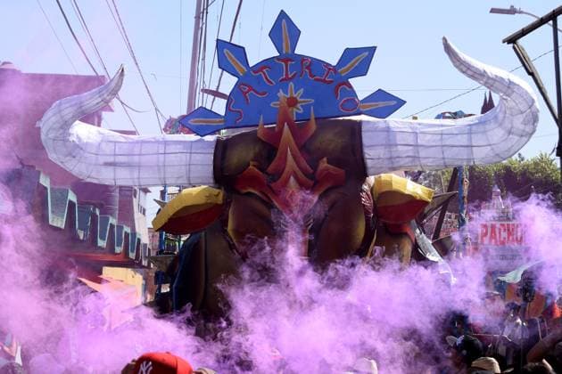 Monumental Cardboard Exhibition During International Fireworks Fair 08 March 2023, Tultepec, Mexico: General view of monumental cardboard figures as part of the International Fireworks Fair 2023 (IFF), festival in honor of Saint John of God, saint of fireworks. The bulls are paper mache and cardboard. Since morning they parade through the streets and compete for the bull with the best design. on March 12, 2023 in Tultepec, Mexico. (Photo: Francisco Morales Eyepix Group) Copyright: xFranciscoxMorales xEyepixxGroupx DM_9002_FM_6456