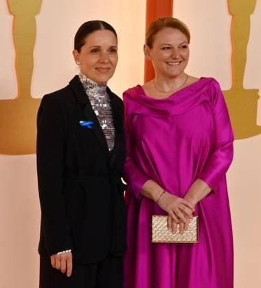 (L-R) Heike Merker and Linda Eisenhamerova attend the 95th annual Academy Awards at the Dolby Theatre in the Hollywood section of Los Angeles on Sunday, March 12, 2023.  LAP2023031207 JIMxRUYMEN