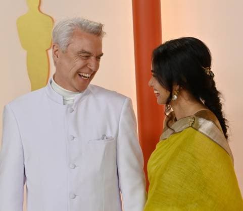 (L-R) David Byrne and Mala Gaonkar attend the 95th annual Academy Awards at the Dolby Theatre in the Hollywood section of Los Angeles on Sunday, March 12, 2023.  LAP2023031287 JIMxRUYMEN
