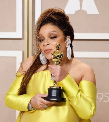 Ruth E. Carter, winner of the award for Best Costume Design for Black Panther: Wakanda Forever, appears backstage with her Oscar during the 95th annual Academy Awards at Loews Hollywood Hotel in the Hollywood section of Los Angeles on Sunday, March 12, 2023.  LAP20230312194 JOHNxANGELILLO